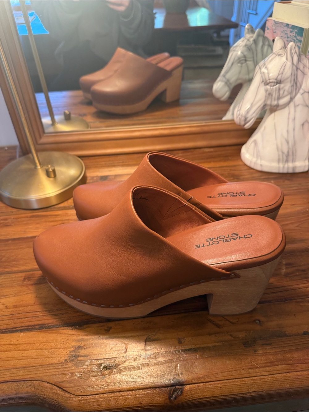 Charlotte Stone Tan Leather Clog Mules with Wood-Look Platform